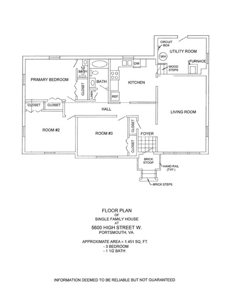 Floor plan for 3 beds, 1.5 baths, 1451 sqft